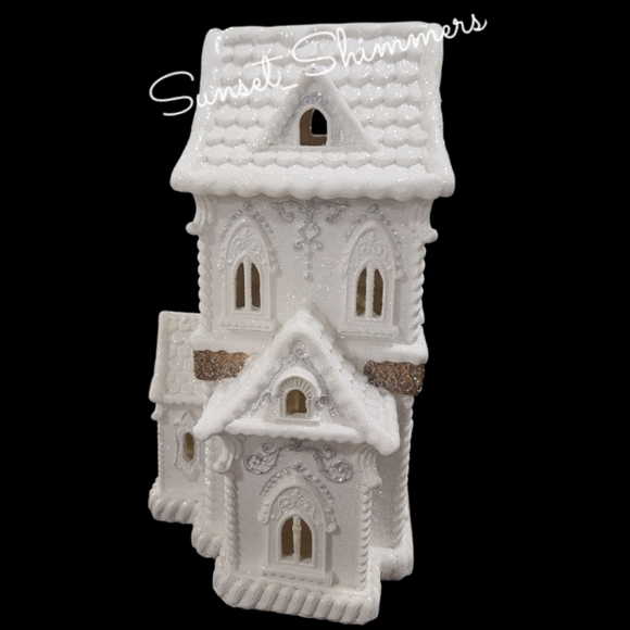 14" White Glitter Icing Scrollwork LED Lighted Victorian Gingerbread House New - Picture 8 of 10